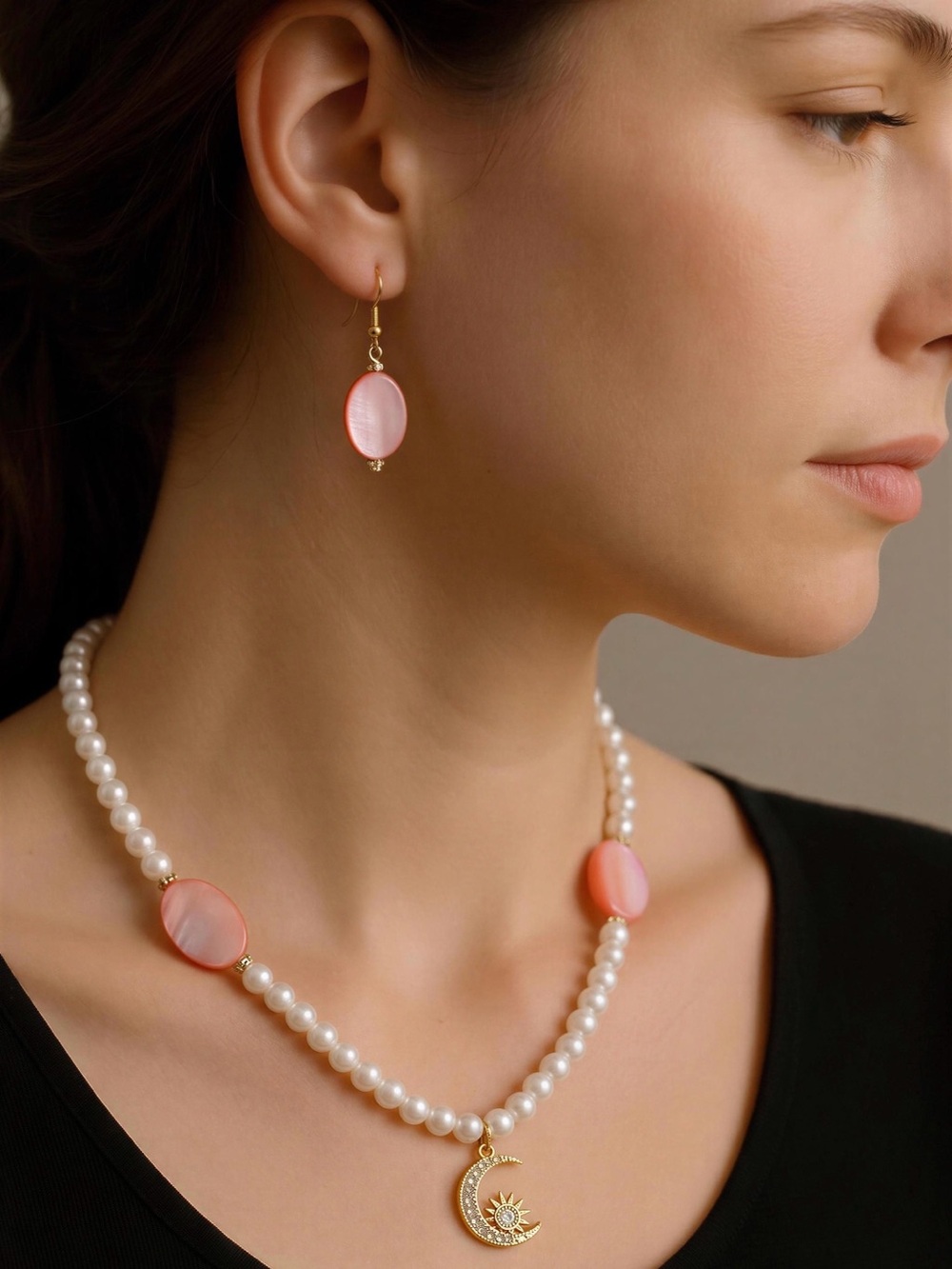 Gold Crescent Pearl Necklace with Pink Shell Accents